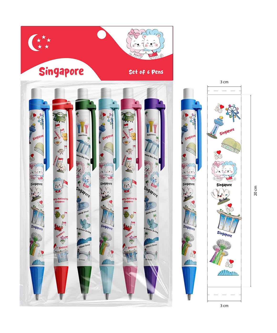 Singapore-themed pen set with illustrated landmark artwork