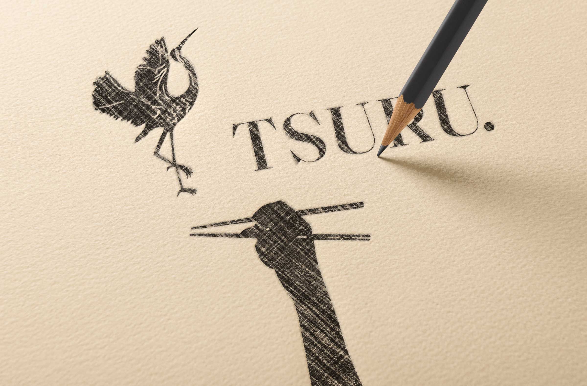 Early gesture studies for the TSURU mark: a crane in flight, a hand gripping chopsticks, and the first attempt at merging the two into one continuous line.